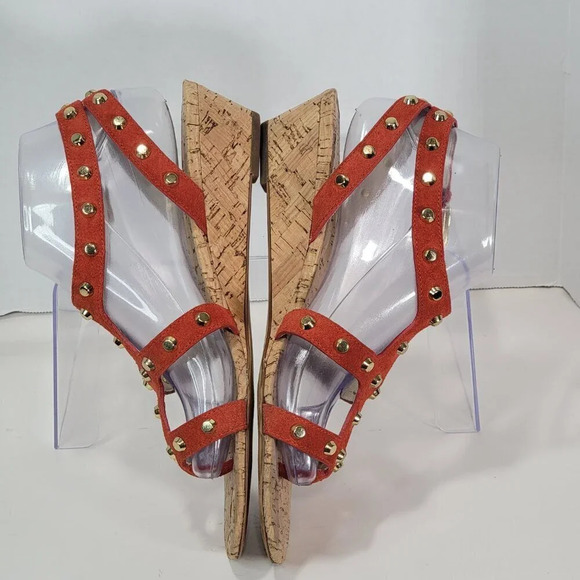 Michael Kors Women’s 9 Cork Wedge Orange Suede Studded Strappy Thong Sandals - Picture 6 of 10